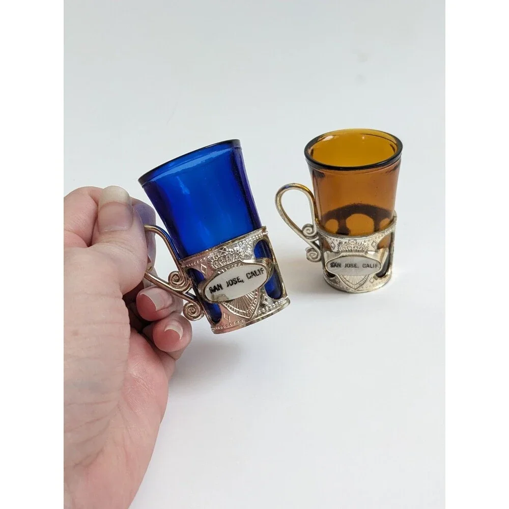 San‎ Jose CA Vintage Souvenir Mini Mugs Shot Glasses Cobalt Amber Mid-Century